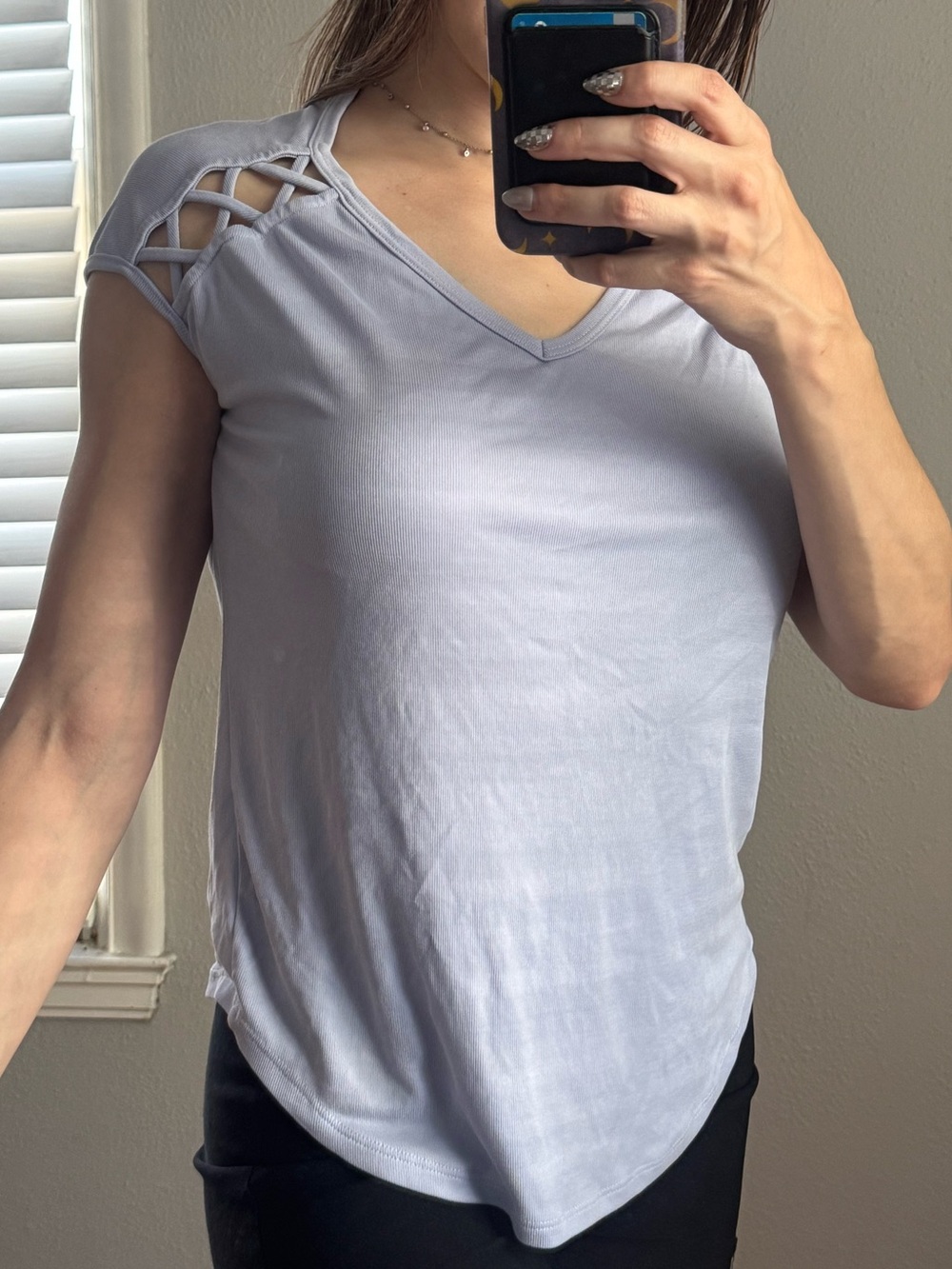 V-Neck Lavender Short Sleeve Tee with Lattice Shoulder Detail